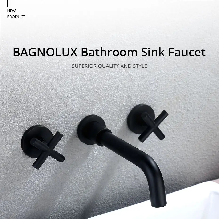 Taps Top Fashion New Arrival Wall Sink Basin Mixer Tap Set Bathroom Spout Faucet With Double Lever In Matt Black/Polished Gold – Bild 6