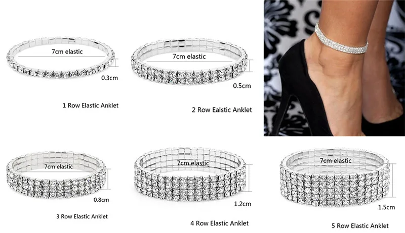 2024 New Fashion Silver Color Stretchy 1/2/3/4/5 Rows Bracelet Anklet Ankle chain Rhinestones Foot Jewelry Crystal Bracelet – Bild 5