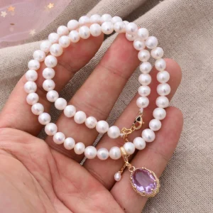 Original Handmade 14K Gold Filled Natural Freshwater Pearl Purple Crystal Ladies Chokers Necklaces Jewelry Birthday Gift