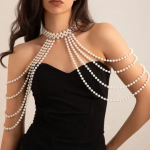 European and American fashion temperament multi-layer imitation pearl tassel shoulder chain dress body chain chest chain