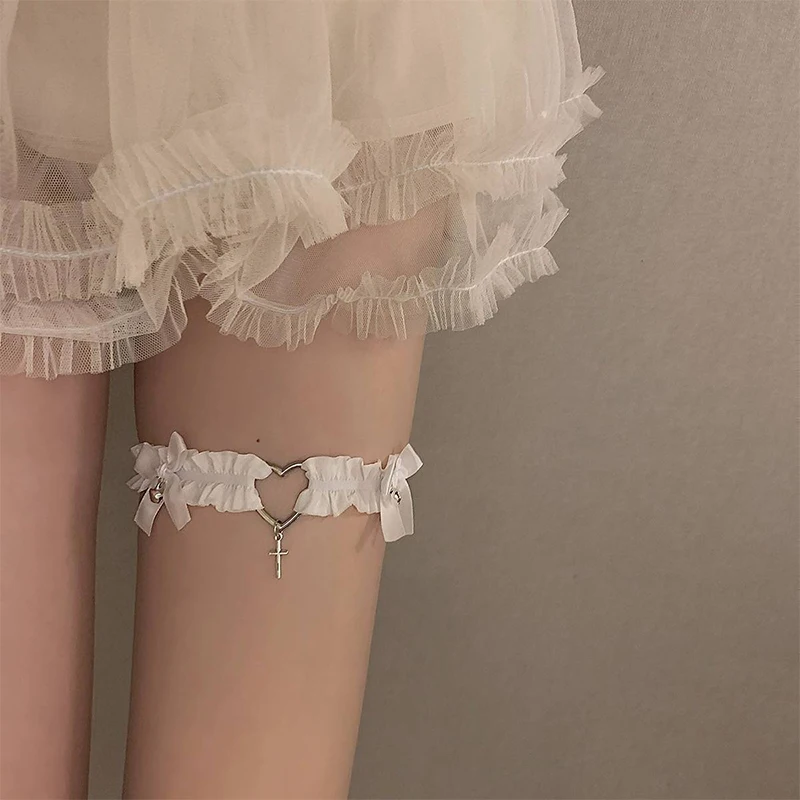 Gothic Lace Garter Belt Heart Bowknot Cross Lolita Leg Garters Black White Elastic Choker Women Leg Ring Strap Cosplay Tools – Bild 4