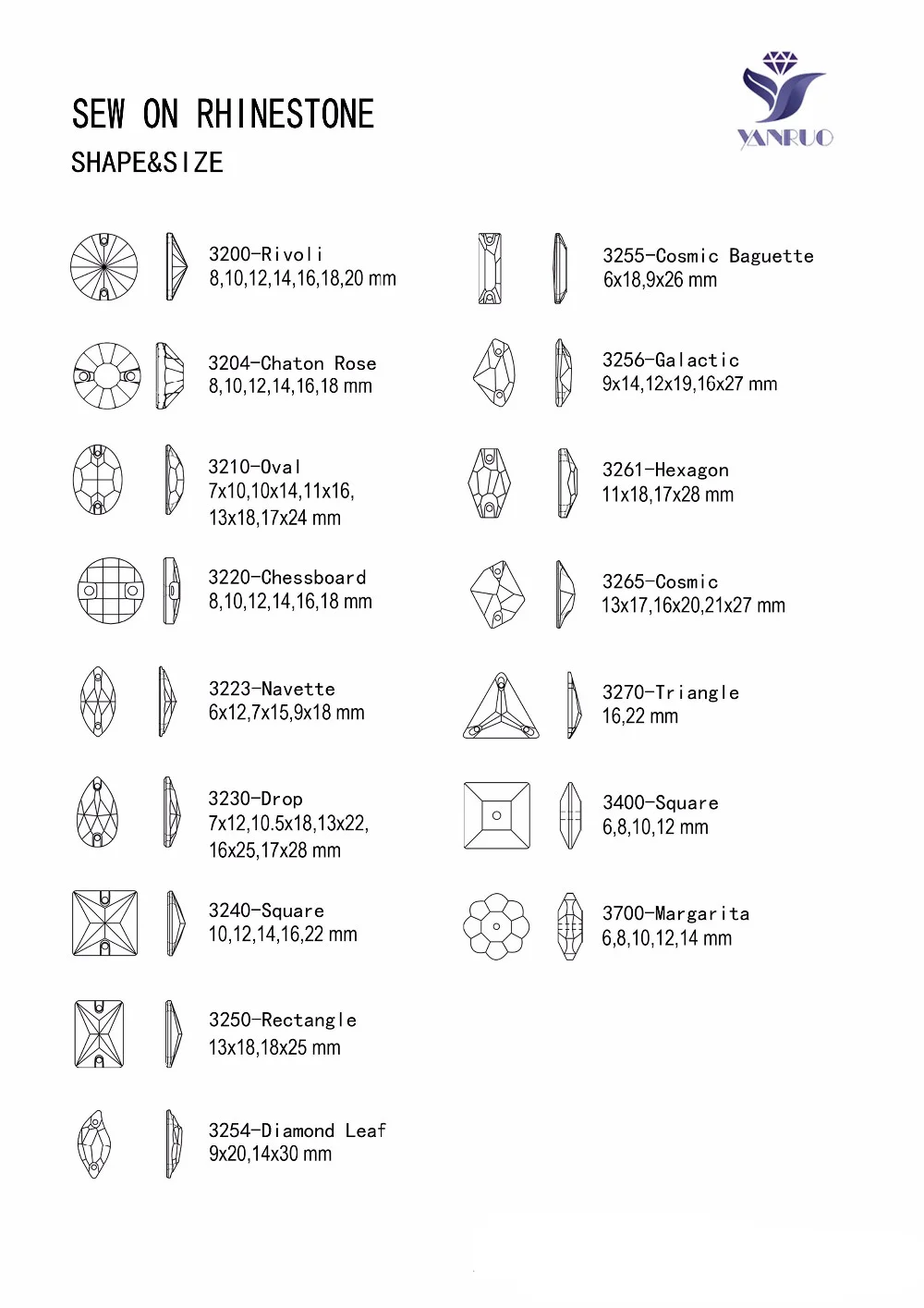 YANRUO 3240 Square 10-22mm Shape Sew On Stones Glass Sewing Rhinestones AAAAA Crystal Sew Crystal For Jewelry Dress Clothes – Bild 4