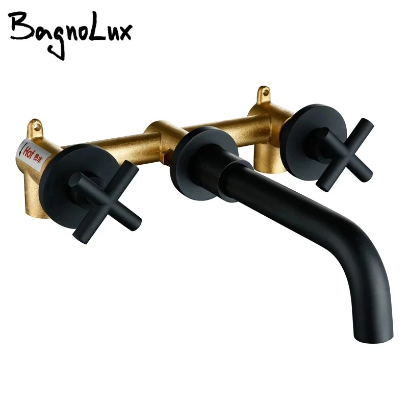 Taps Top Fashion New Arrival Wall Sink Basin Mixer Tap Set Bathroom Spout Faucet With Double Lever In Matt Black/Polished Gold – Bild 2