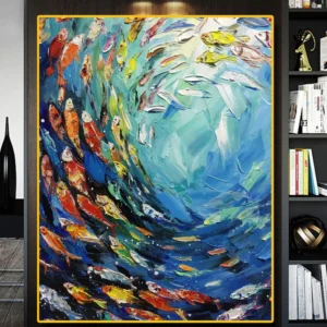 Abstract Fish Canvas Print Blue Ocean World Multicolored Tropical Fish Poster Modern Marine Fish School Canvas Painting Wall Art