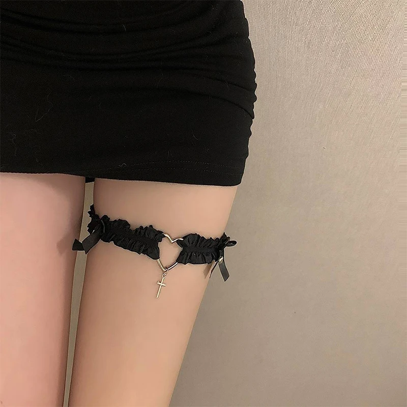 Gothic Lace Garter Belt Heart Bowknot Cross Lolita Leg Garters Black White Elastic Choker Women Leg Ring Strap Cosplay Tools – Bild 3